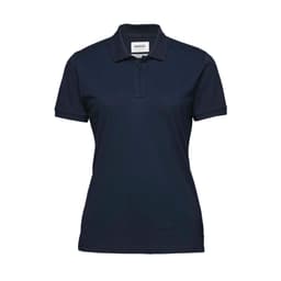 A women's polo shirt in navy blue featuring a collar and a branded logo.