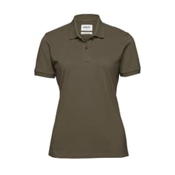 A women's polo shirt in olive green with a collar and short sleeves, featuring a logo on the neckline.