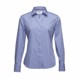 A light blue button-up women's shirt with long sleeves and a collar, featuring a logo.
