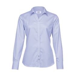 A women's button-up shirt in a blue and white check pattern with a collar and long sleeves. It features a logo.