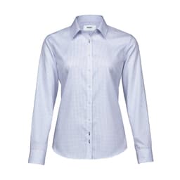 A women's button-up shirt in a blue and white check pattern, featuring a collar and long sleeves. It has a logo.