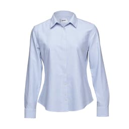 A light blue button-up shirt for women with long sleeves and a collar, featuring a logo.