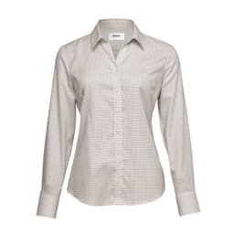 A women's button-up shirt in a cream and brown check pattern, featuring a collar and long sleeves. Includes a logo.