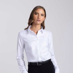 A women's button-up shirt in white with a collar and long sleeves. It features a sleek design and has a logo.