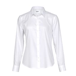A white button-up shirt featuring a collar and long sleeves, with a logo on the label.