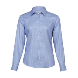 A blue button-up shirt for women, featuring long sleeves and a collar, with a branding logo.