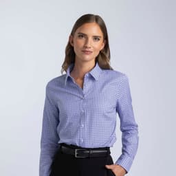 A women's blue check button-up shirt featuring a collared design and long sleeves, with a logo on the chest.