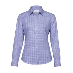 A women's button-up shirt in purple and white check pattern, featuring long sleeves and a classic collar.
