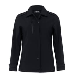 A black women's soft shell jacket with a zippered pocket and buttoned cuffs, featuring a branded logo.