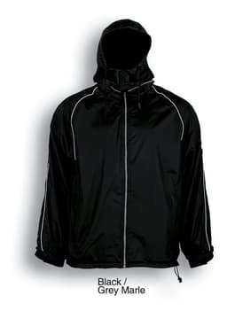 A unisex adults reversible jacket in black with grey marle accents, featuring a hood and adjustable drawstring.