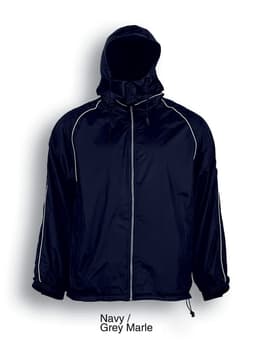 A reversible jacket in navy and grey marle, featuring a hood and contrasting piping, with a logo present.