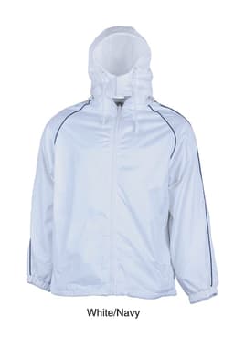 A reversible unisex jacket in white with navy accents, featuring a hood and zip closure, and includes a logo.