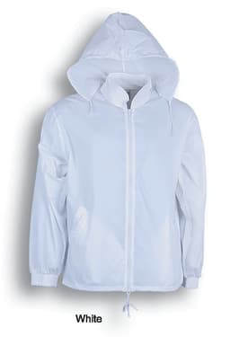 A white kids' yachtman's jacket with lining, featuring a hood and adjustable drawstrings. It has a logo on the front.