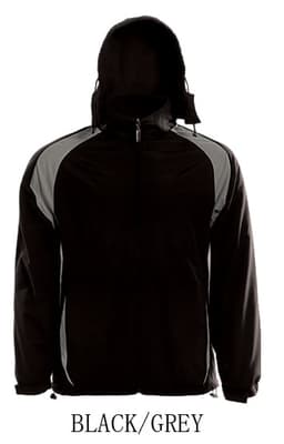 A black and grey reversible sports jacket with a hood and a logo on the front.