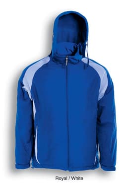 A reversible sports jacket in royal blue and white with a hood and a zippered front. It features contrasting side panels and a logo.