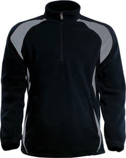 A black unisex adults 1/2 zip fleece pullover featuring grey accents and a zipped collar.