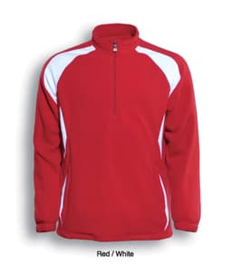 A red and white unisex half zip sports pullover fleece jacket with a logo on the front.