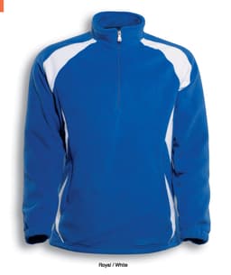 A royal blue and white unisex 1/2 zip sports pullover fleece jacket with a front zip and long sleeves.