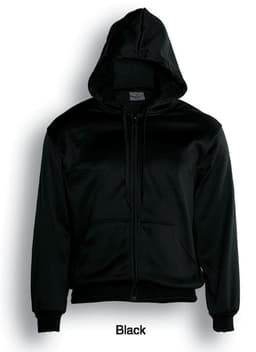 A black unisex zip-through fleece hoodie with a front zipper and hood, featuring a logo.