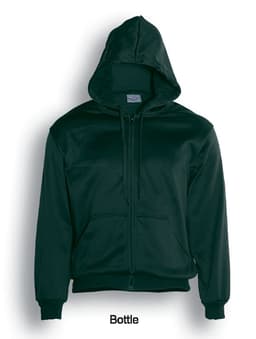 A dark green unisex zip-through fleece hoodie with a hood and front pockets, featuring a logo.