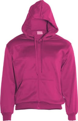 A unisex zip-through fleece hoodie in a bright fuchsia colour, featuring a hood and front zip. Includes a logo.