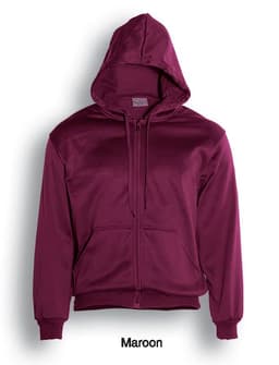 A maroon zip-through fleece hoodie with a hood and front pockets. It features a logo on the chest.