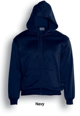 A navy unisex zip-through fleece hoodie with a hood and a front zipper. It features a logo on the label.