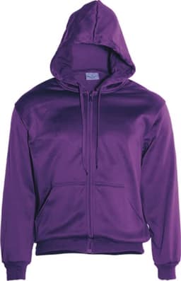 A unisex adult zip-through fleece hoodie in a rich purple colour, featuring a hood and front zip.