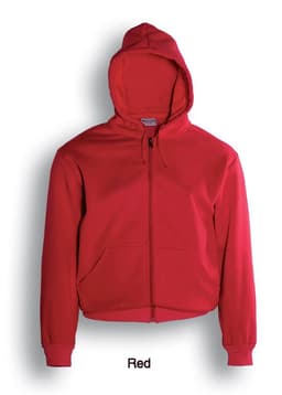 A red unisex zip-through fleece hoodie with a hood and front pockets. It features a logo on the garment.