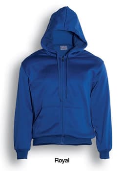 A royal blue unisex zip-through fleece hoodie with a front zip and two pockets, featuring a logo.