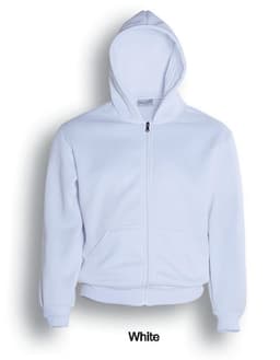 A white unisex adults zip through fleece hoodie with a front zip and hood, featuring side pockets.