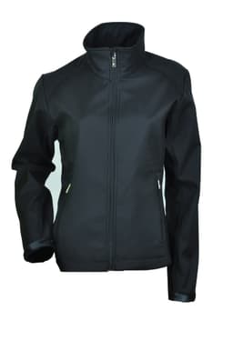 A black ladies soft shell jacket with a high collar and a zip closure, featuring a logo.