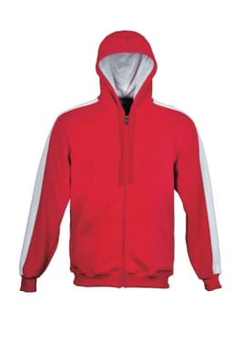 A red unisex fleece zip-through hoodie with white contrast detailing and a hood. Features a front pocket and a logo.
