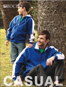 A blue unisex fleece zip-through hoodie with white contrast panels, featured on a model and a child outdoors.