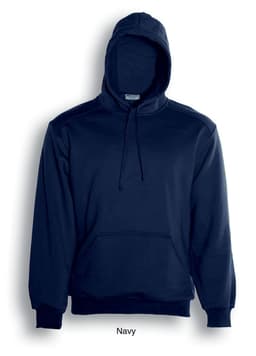 A navy unisex adult pull-over hoodie with a front pocket and a hood. It features a logo.