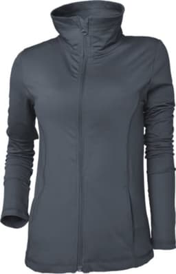A grey ladies yoga jacket with a high collar and zip closure, featuring long sleeves and a fitted design.