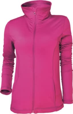 A pink ladies yoga jacket featuring a high collar and a front zip. It has long sleeves and a fitted design.