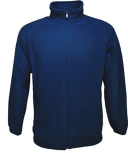 A unisex adults polar fleece zip-through jacket in a deep blue colour with a high collar and long sleeves.
