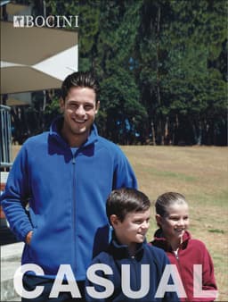 A group of individuals wearing unisex polar fleece zip-through jackets in blue and burgundy, with a logo visible.