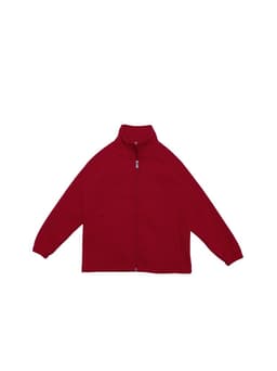 A red kids' poly/cotton fleece zip-through jacket featuring long sleeves and a high collar. It has a logo.