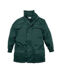 A green kids' outer jacket featuring a front zipper, snap buttons, and two pockets. It has a logo on the chest.