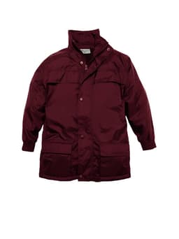 A maroon kids' outer jacket with snap buttons, a stand-up collar, and two front pockets. It features a logo.