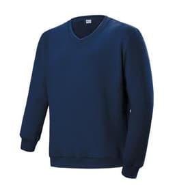 A unisex adults' V-neck fleece jumper in navy blue with long sleeves and a relaxed fit. It has a logo.