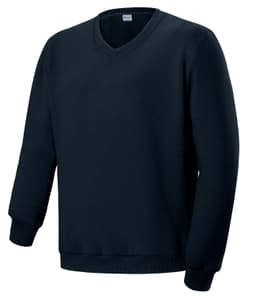 A black V-neck fleece jumper with long sleeves and a ribbed hem, featuring a label inside.