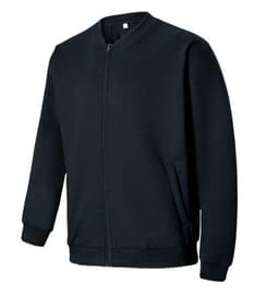 A black unisex fleece jacket with a zip, featuring long sleeves and side pockets. It has a simple design and a logo.
