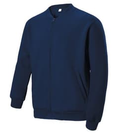 A unisex navy fleece jacket with a zip, featuring a simple design and elasticated cuffs and hem.