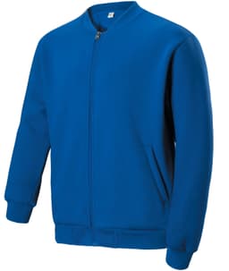 A blue fleece jacket with a zip and two side pockets, featuring ribbed cuffs and a collar.