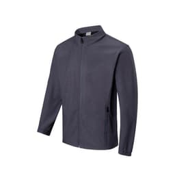 A grey kids' softshell jacket featuring a zip front, long sleeves, and side pockets. It has a logo on it.