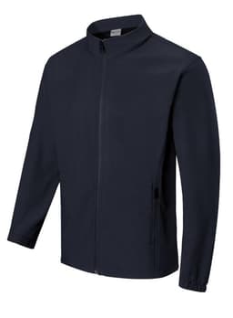 A softshell jacket in navy blue with a zip front and side pockets, featuring a logo on the upper chest.