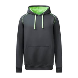 A dark grey hoodie with a bright green hood lining and drawstrings, featuring a front pocket and contrast stitching.